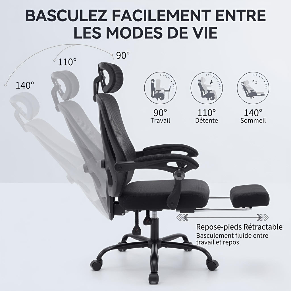 Chaise ergonomique soutien lombaire repose pied appui tête