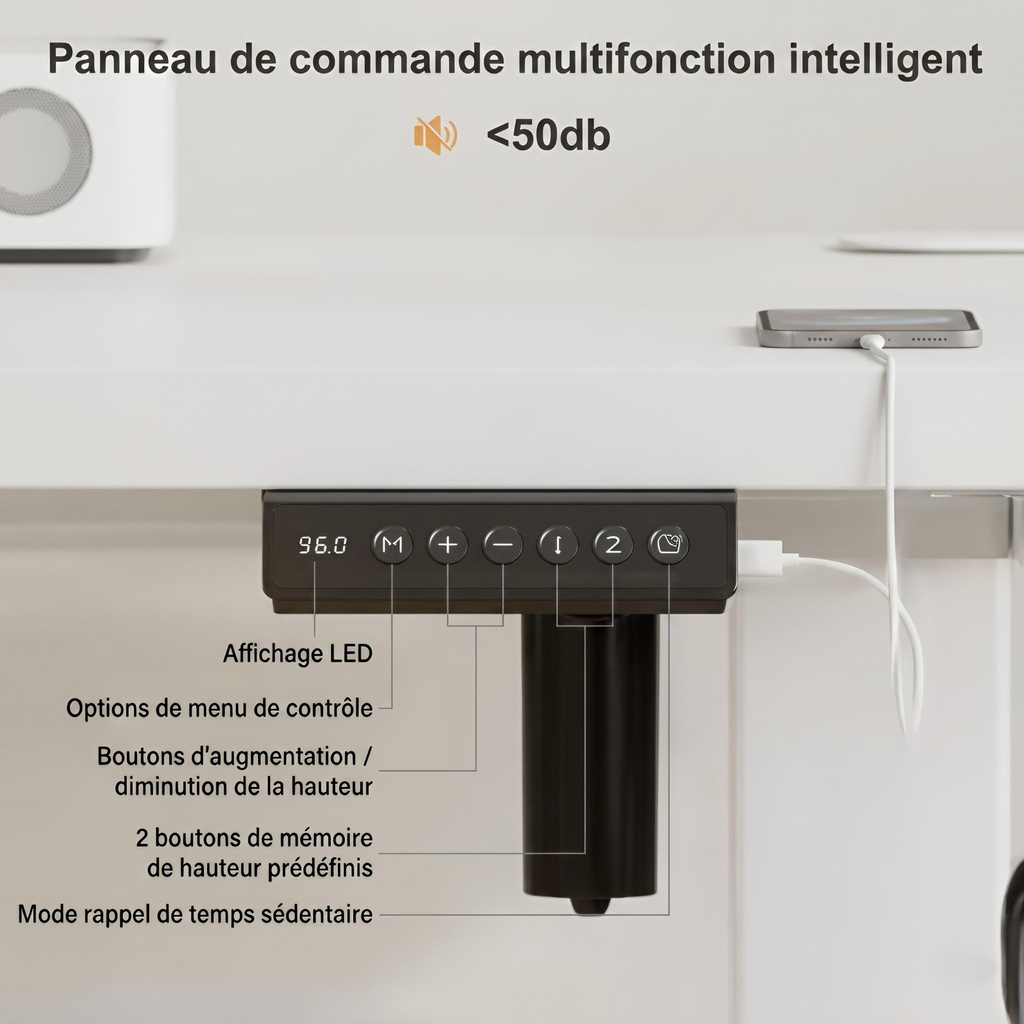 Bureau électrique réglable hauteur 120 cm avec port USB