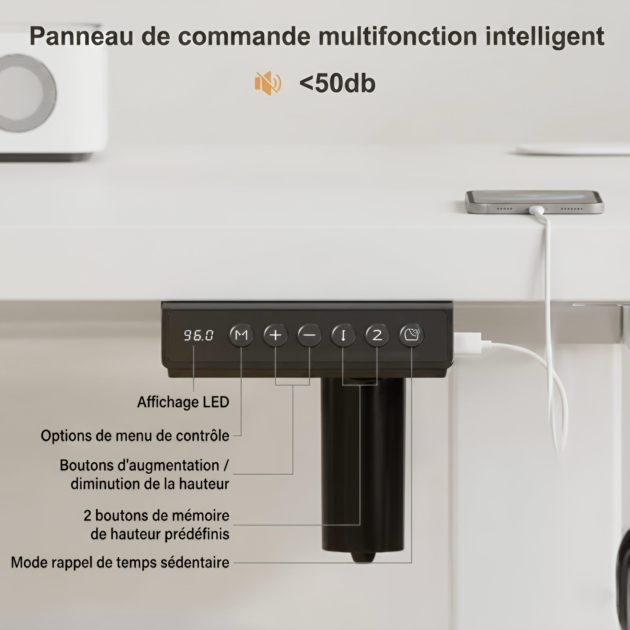 Bureau électrique réglable hauteur 120 cm avec port USB