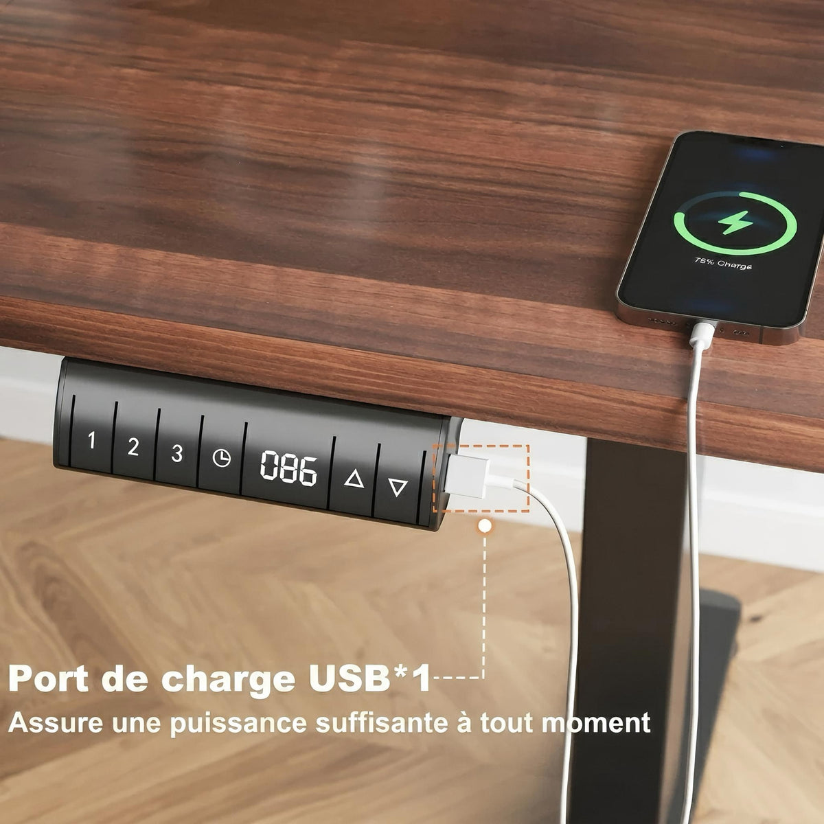 Bureau électrique réglable hauteur 140 cm à mémoire USB