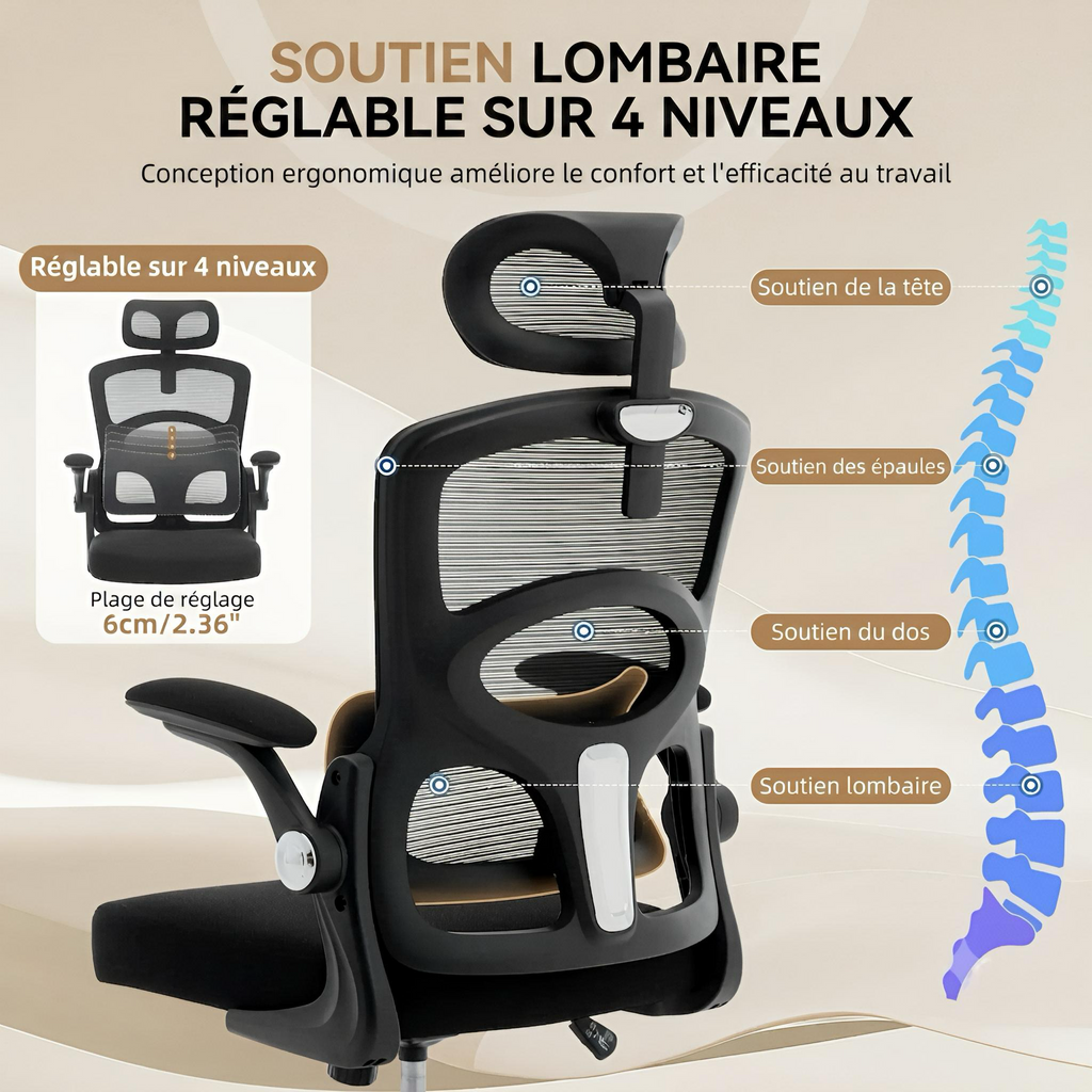 Chaise ergonomique dossier haut appui tête soutien lombaire