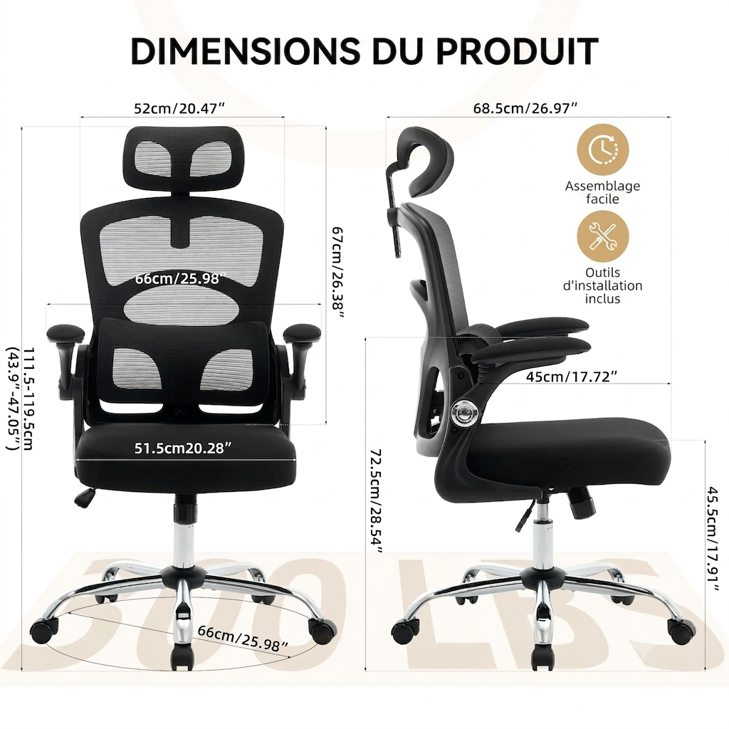 Chaise ergonomique dossier haut appui tête soutien lombaire