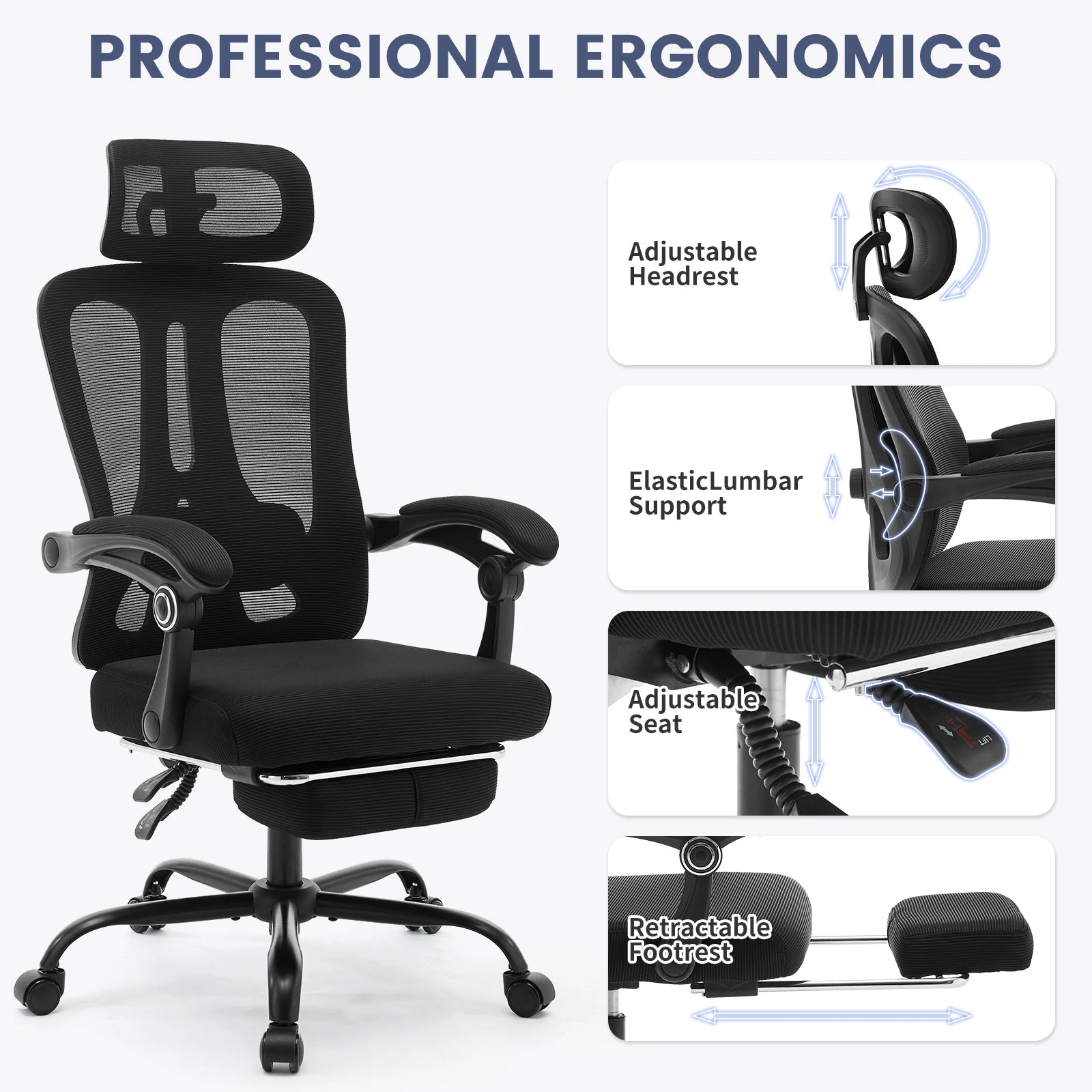 Chaise ergonomique soutien lombaire repose pied appui tête